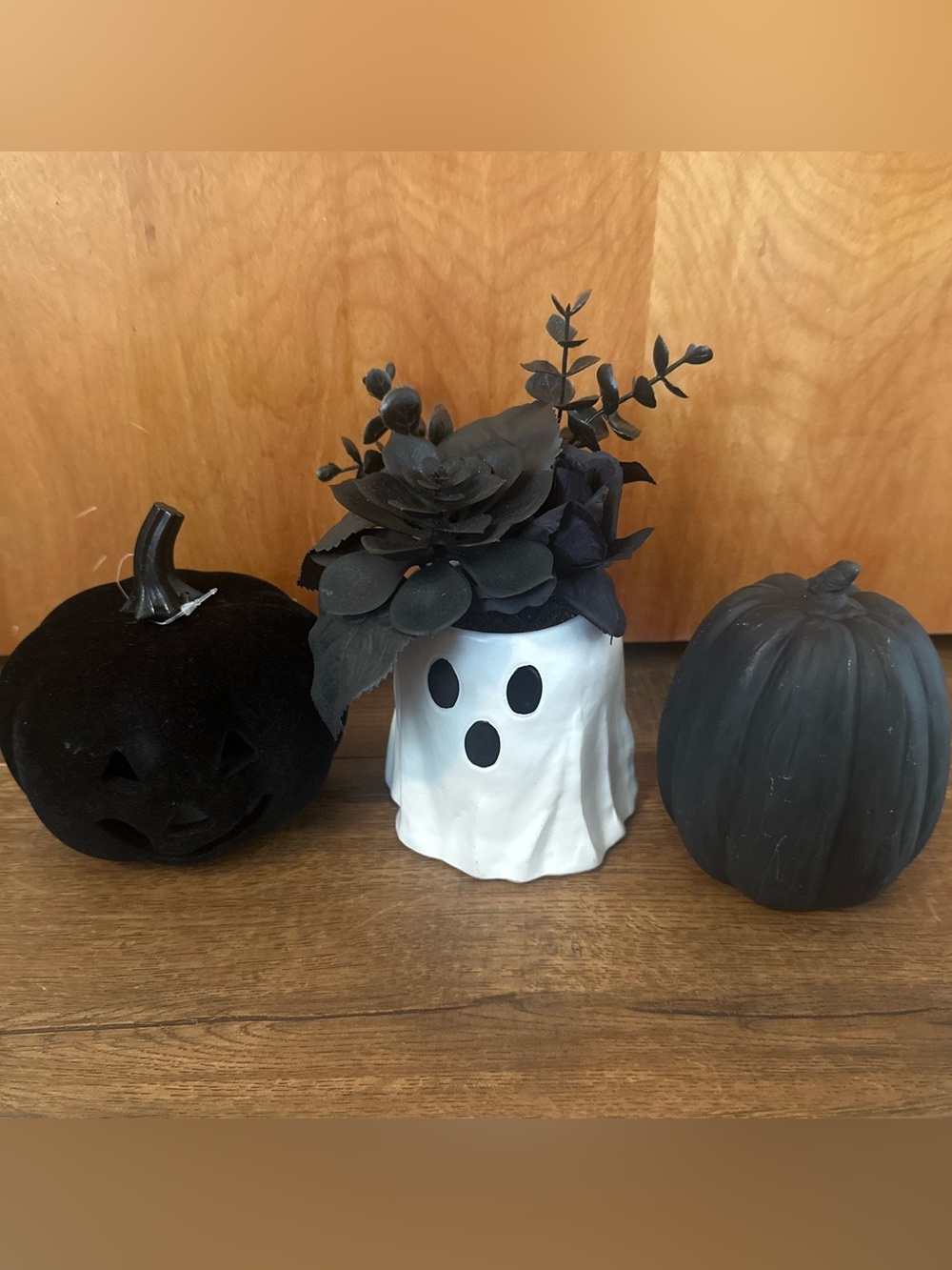 Unknown Brand White Ghost Planter with Black Floral Accents